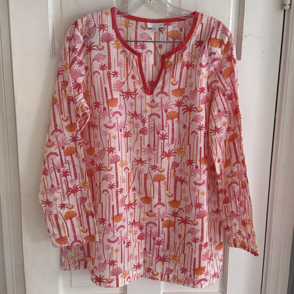 J.Jill Tropical‎ Palm Tree Tunic Top Split Neck Cotton Lightweight Travel Sz S